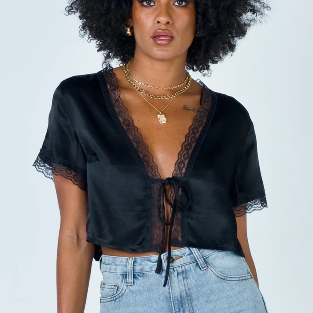 Princess Polly Black Lace Trim Satin Tie Front Top